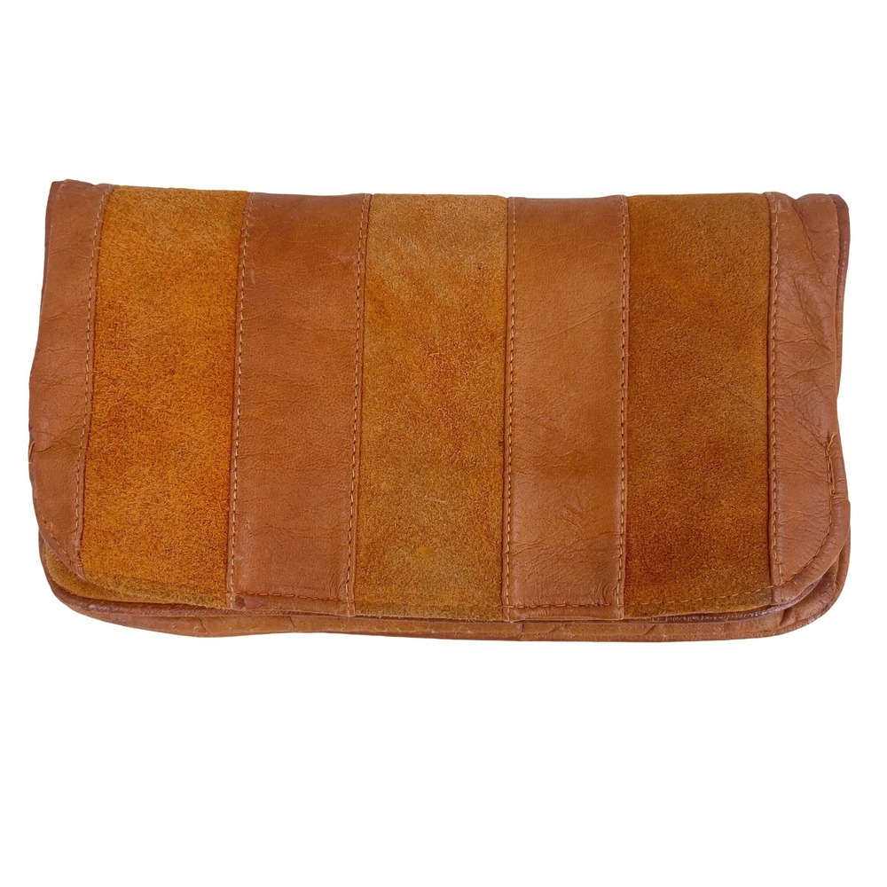 Vintage 70s Leather Suede Patchwork Wallet Cognac Kiss Clasp Mirror Hong Kong